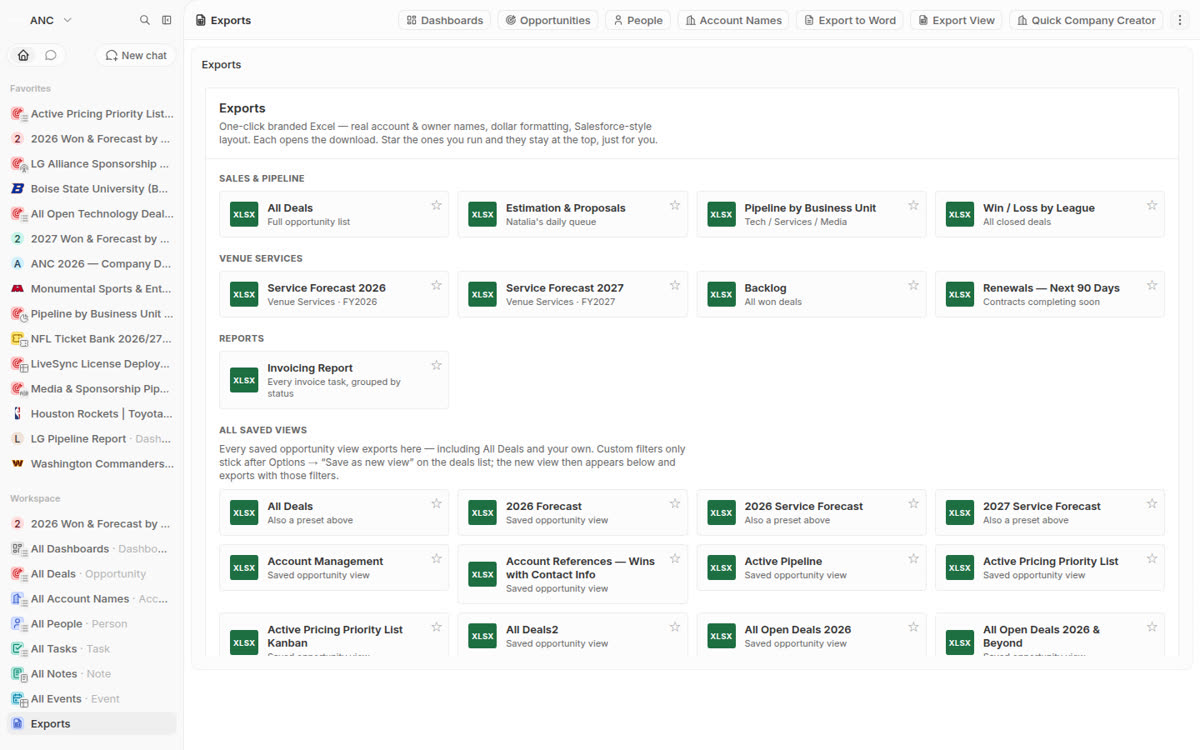 Exports page with starred reports
